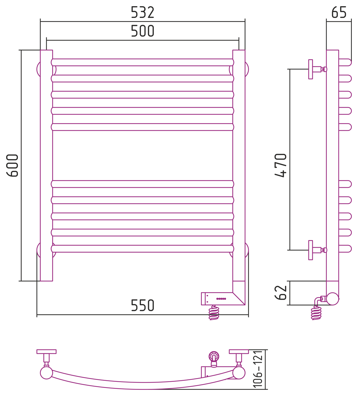 Полотенцесушители Радиатор электрический 600х500 электрический модуль правый 