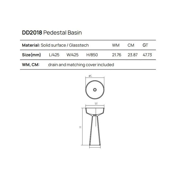 Раковины Раковина напольная 42,5x42,5xh85 см, материал: Solid Surface искуственный камень, цвет: White №18 