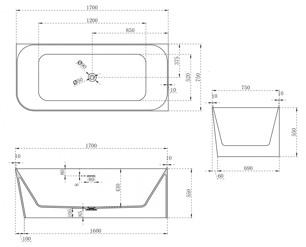 Ванны Ванна из искусственного камня белая матовая 170x75 
