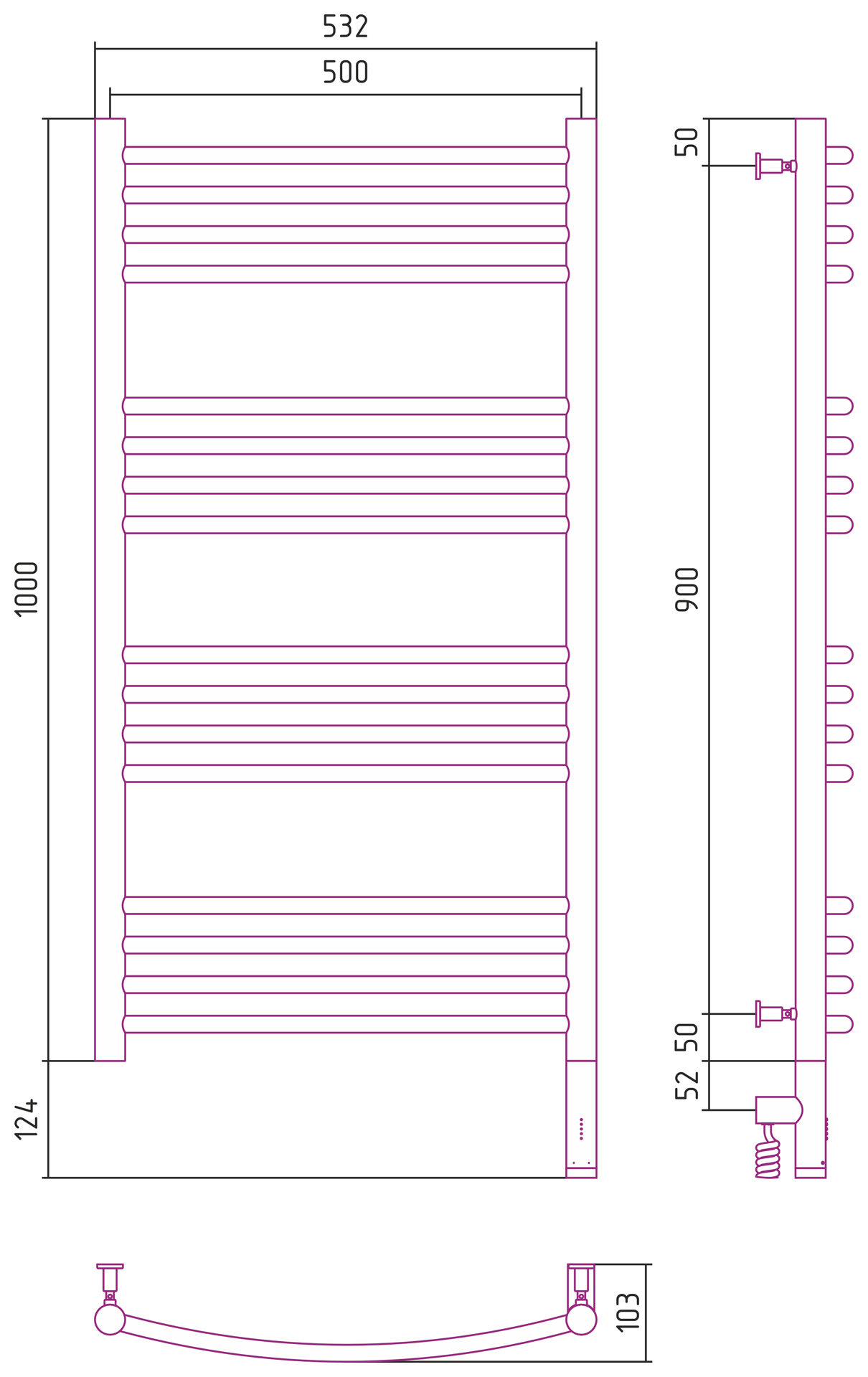 Полотенцесушители Радиатор электрический 1000х500 электрический модуль правый 