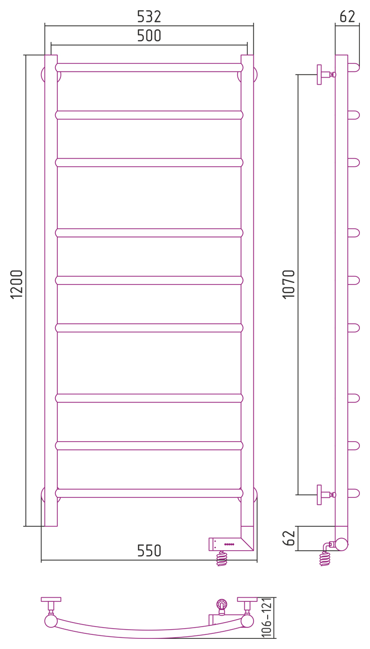 Полотенцесушители Радиатор электрический 1200х500 электрический модуль правый 