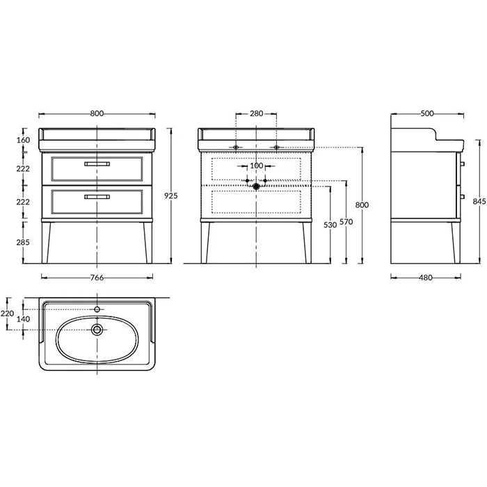 Мебель для ванной Тумба напольная с 2 ящиками 80, белая глянцевая 