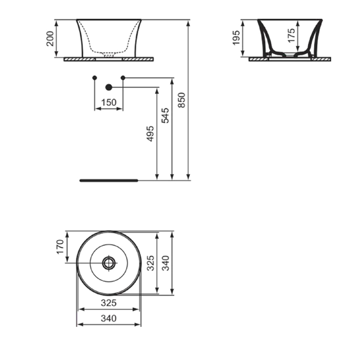 Раковины Раковина d340хh200 мм, накладная-высокая, без отверстия под смес и перелива, с крепежом и шаблоном цвет белый глянец 