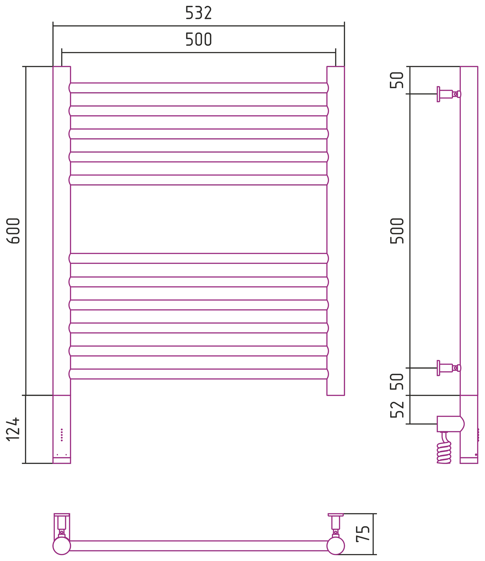 Полотенцесушители Радиатор электрический прямая 600х500 электрический модуль левый 