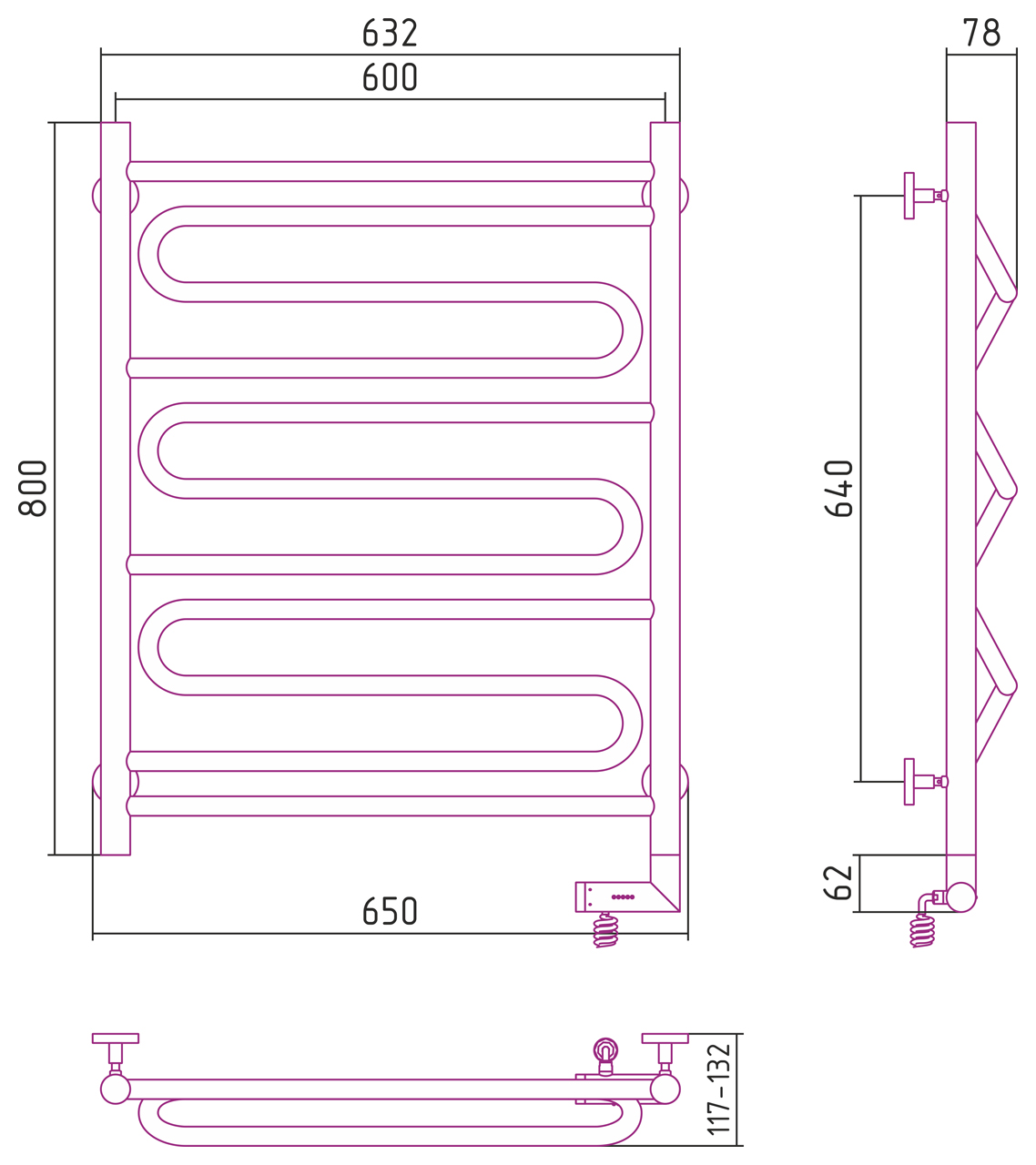 Полотенцесушители Радиатор электрический  800х600 электрический модуль правый 