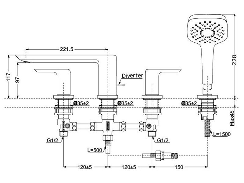 Смесители Смеситель для ванны на борт, 4 отверстия 
