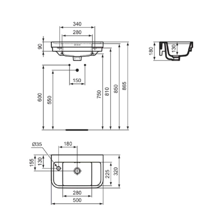 Раковины Раковина 500х320xh180 мм, подвесная, с отверстием под смеситель слева и переливом, с крепежом цвет белый глянец 