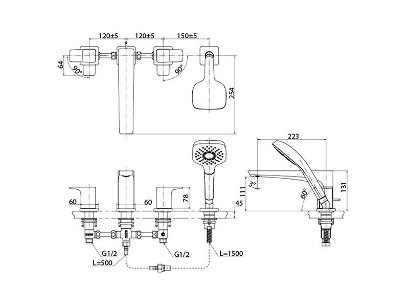 Смесители Смеситель для ванны в борт на 4 отверстия с ручным душем 