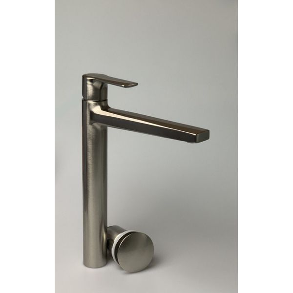 Высокий однорычажный смеситель для раковины (излив 22,7 см), с донным клапаном click-clack, цвет зачищенный никель