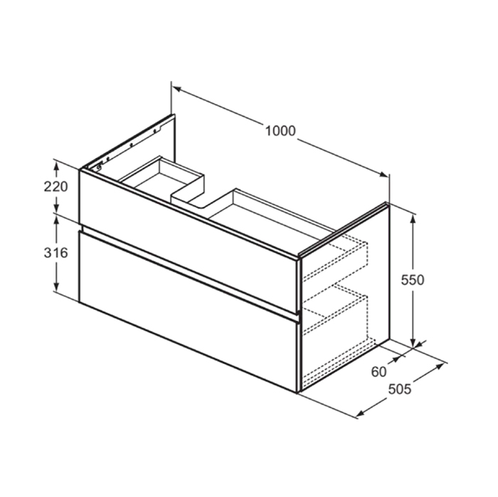 Мебель для ванной Тумба подвесная 100х50 см. L, 2 ящ. softclose, ручка-паз, без сифона EE23033967,для раковин E2646,E2703,E2679 Ribbed Matt ashblue Lacquered 