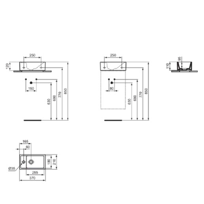 Раковины Раковина 370х210xh120 мм, подвесная, с отверстием под смеситель слева, без перелива, без крепежа, цвет белый матовый 