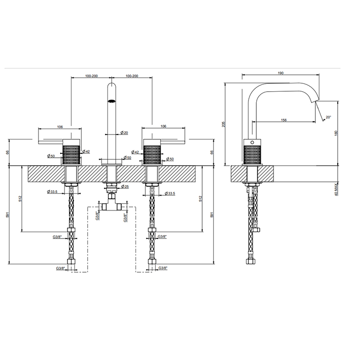Смесители Смеситель для раковины на 3 отверстия, без донного клапана, излив 156 мм, h=160 мм, цвет: brushed black metal pvd 