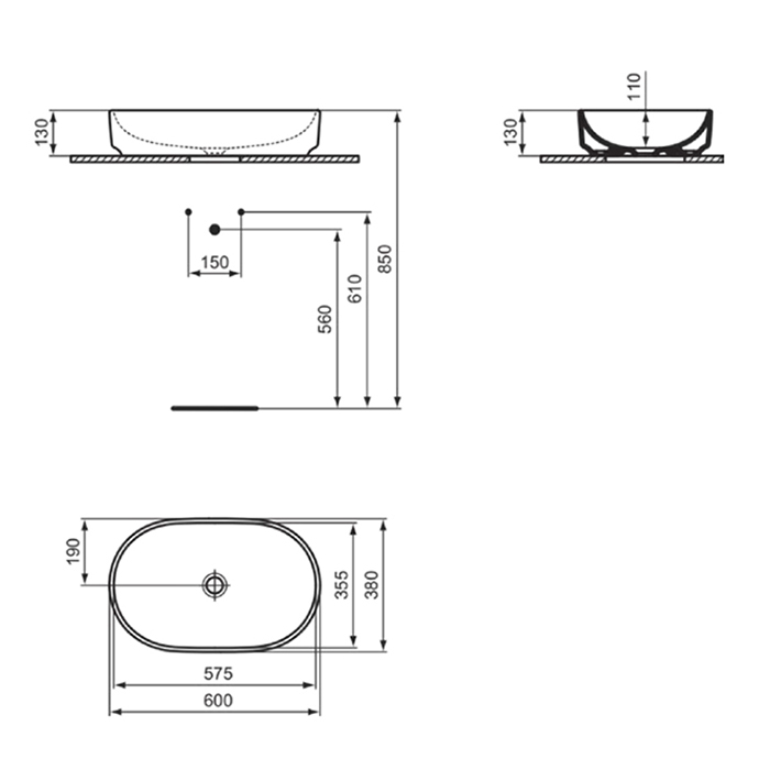 Раковины Раковина овальная 60х38 см, без отверстия под смеситель, без перелива, цвет белый глянец 