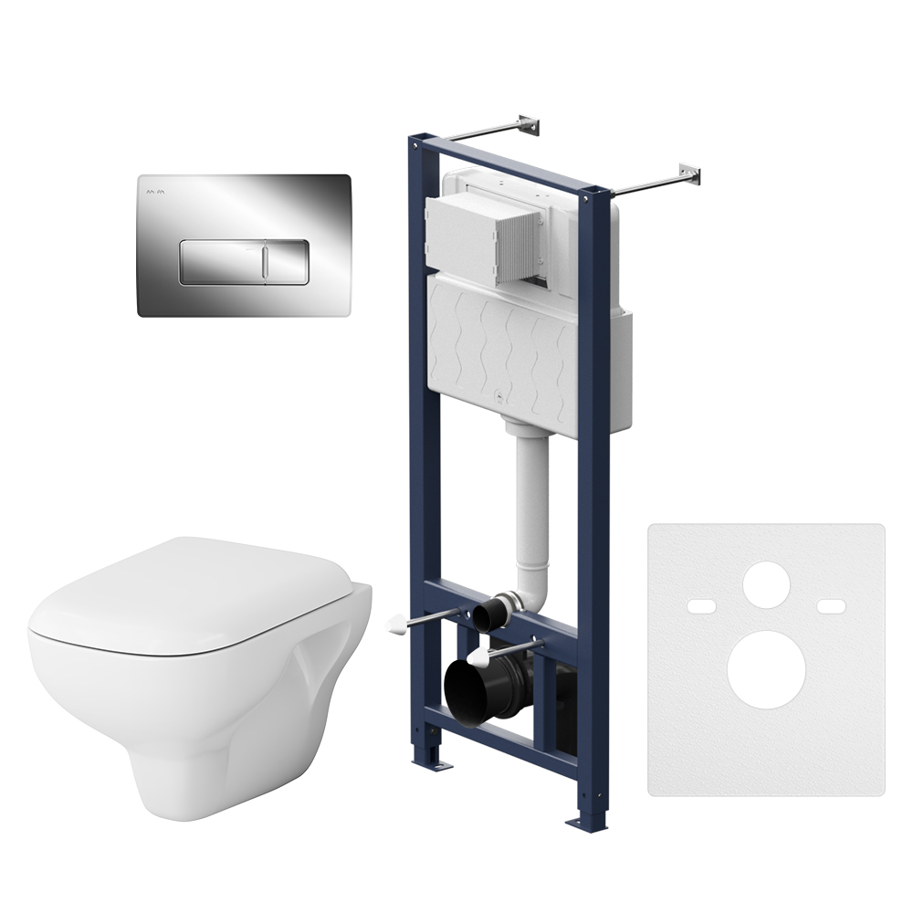 Унитазы Инсталляция с клавишей Pro M глянцевый хром с подвесным унитазом Like FlashClean с сидением микролифт 