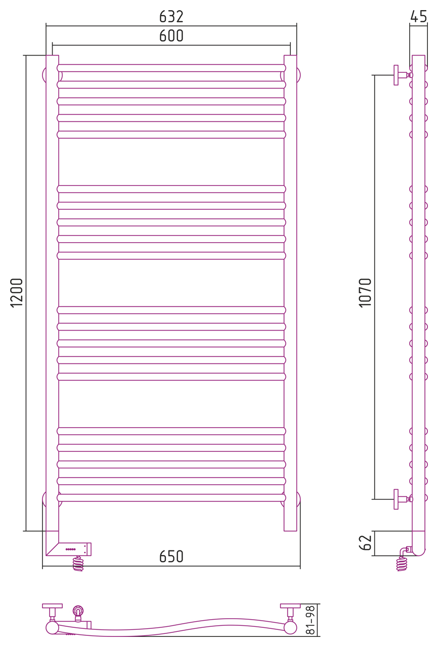 Полотенцесушители Радиатор электрический 1200х600 электрический модуль левый 