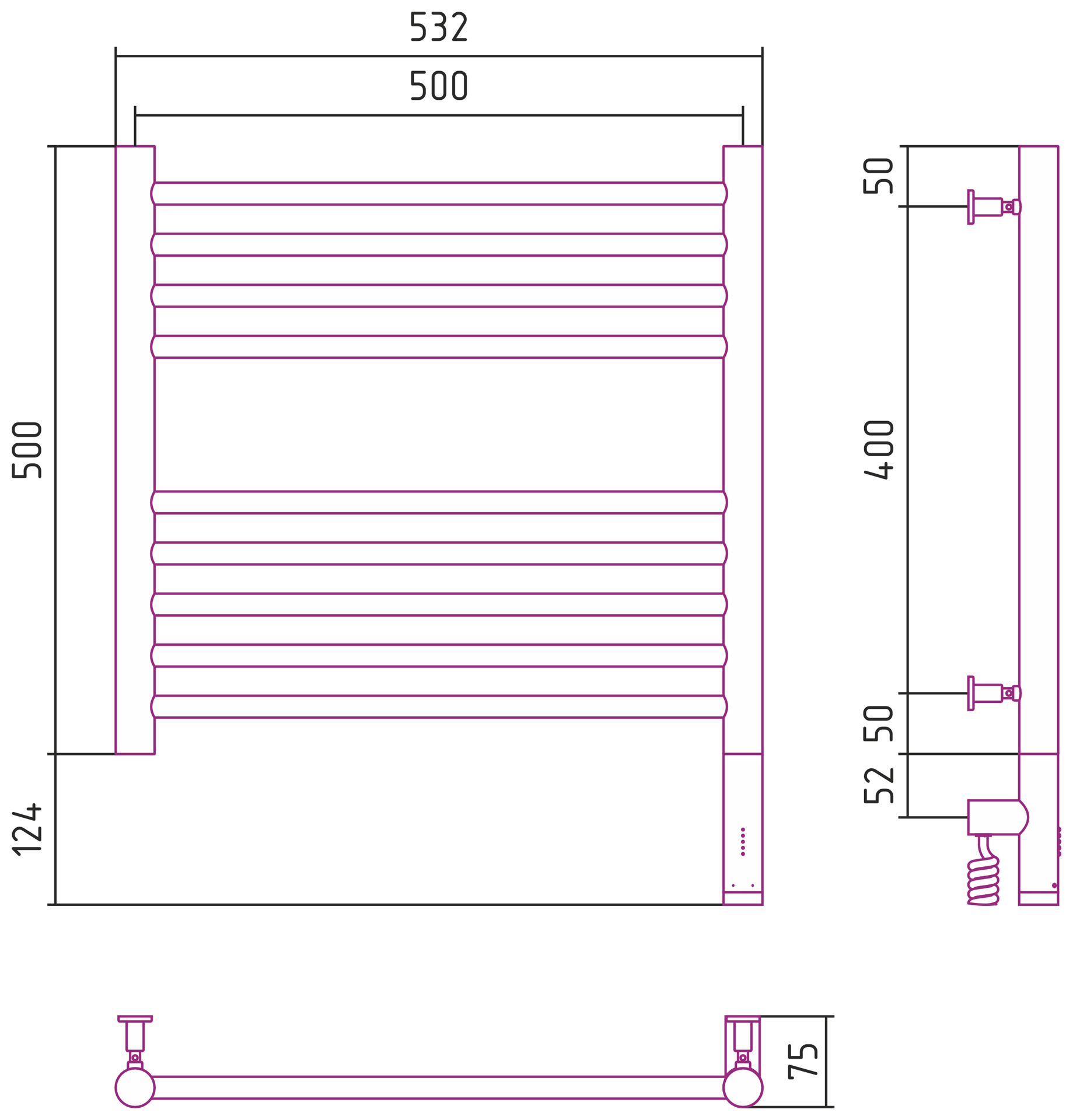 Полотенцесушители Радиатор электрический прямая 500х500 электрический модуль правый 