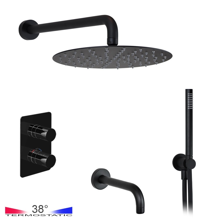 Душевая система с функцией наполнения ванны - комплект с термостатом, чёрный матовый