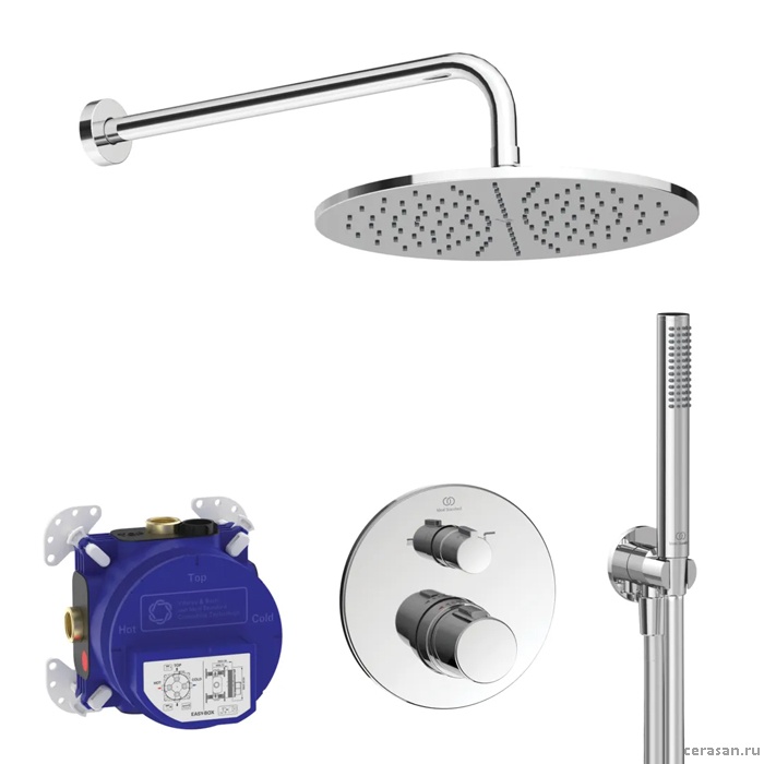 Душ комплект: встроенный термостат, наружная часть с переключателем,  ручной душ, верхний душ 300 мм, цвет хром