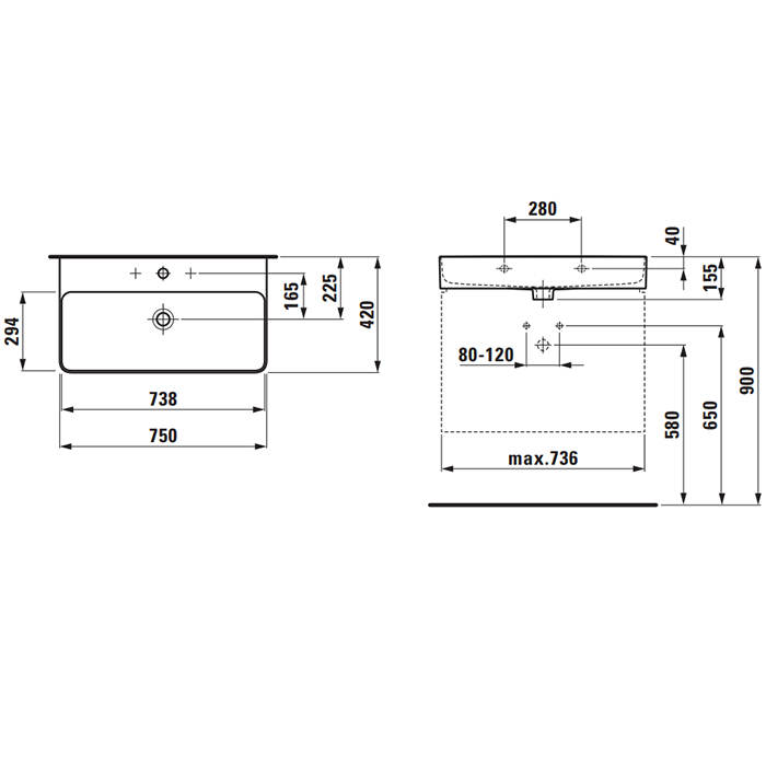 Раковины Раковина 750х420х115мм без отв. под смеситель, с покр. LLC, цвет: белый 