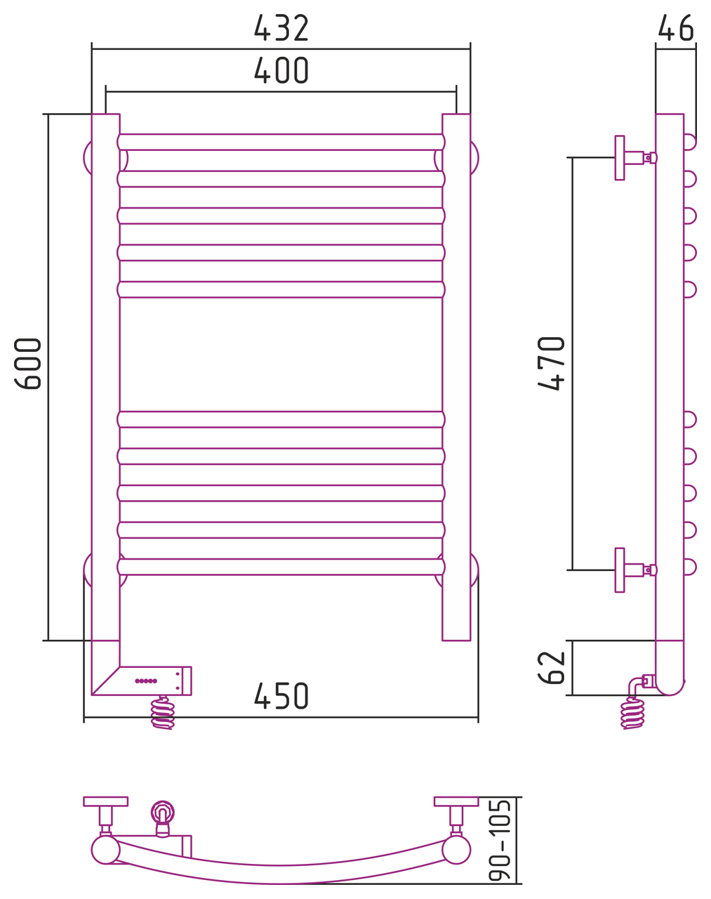 Полотенцесушители Радиатор электрический 600х400 электрический модуль левый 