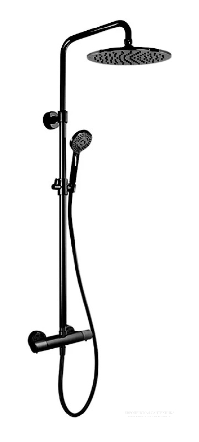 Душевая система Wellness: термостат внешнего монтажа, стойка с верхним душем 250мм, ручной душ латунь, шланг 1500мм, цвет черный матовый