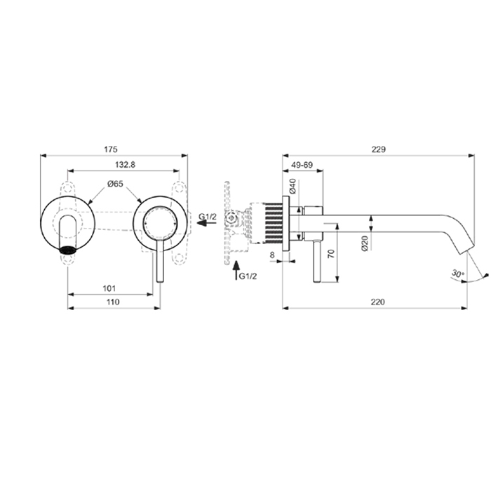 Смесители Смеситель однорычажный для раковины на 2 отверстия из стены, излив 220 мм, внешняя часть, цвет черный матовый 
