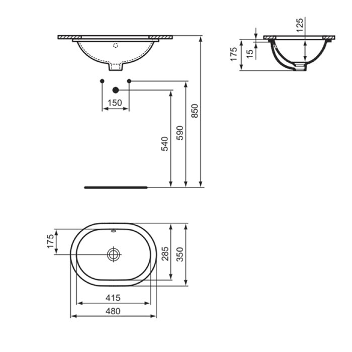 Раковины Раковина 480х350 мм, овальная, встраиваемая снизу без отверстия под смеситель, с крепежом, цвет белый 