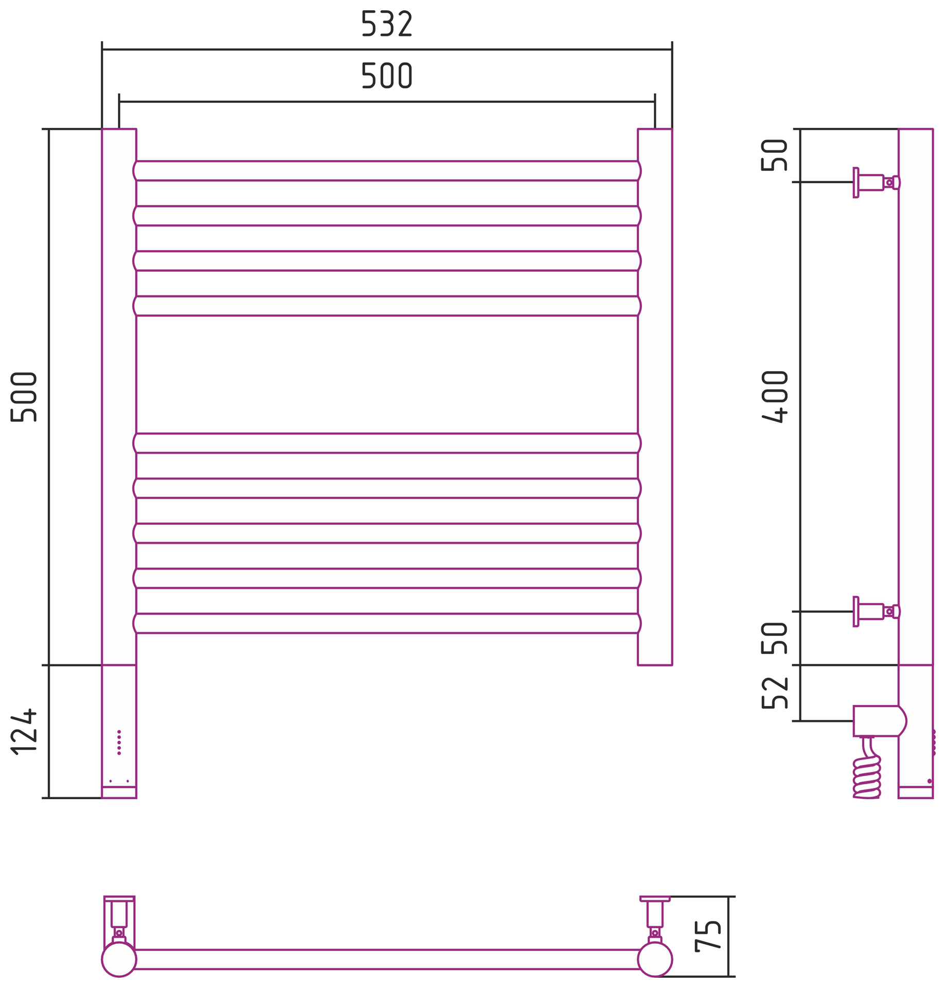 Полотенцесушители Радиатор электрический прямая 500х500 электрический модуль левый 