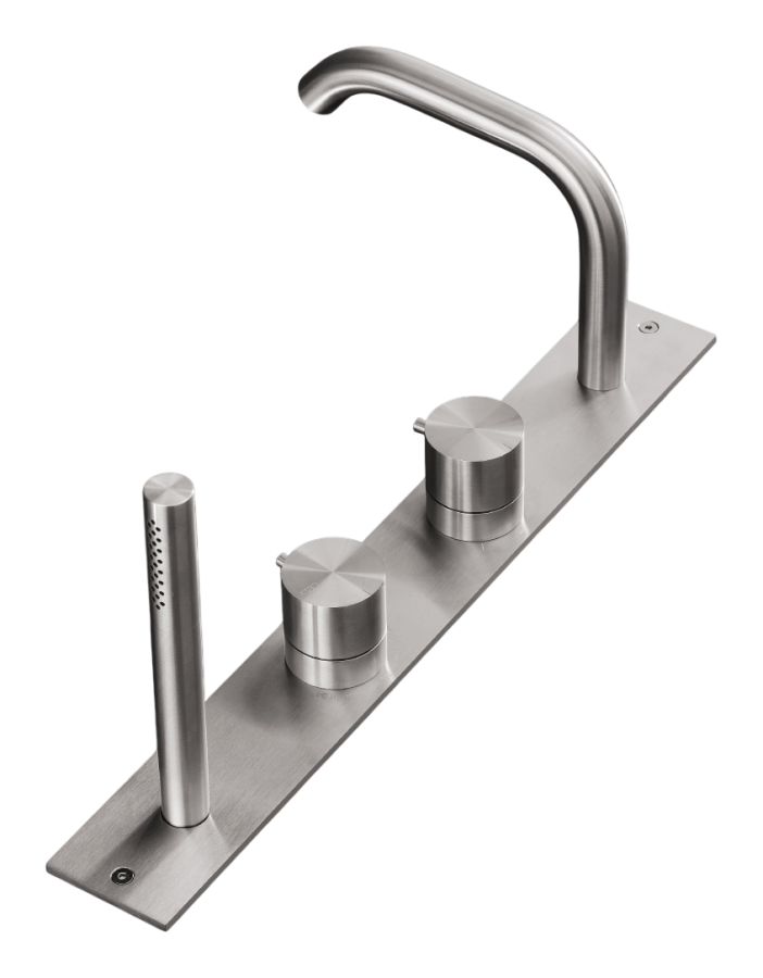 Смесители Термостат Milo360, монтаж на борт ванны, с изливом, переключатель на 2 хода, с ручным душем, внешняя часть, сталь, цвет сатинированная бронза 