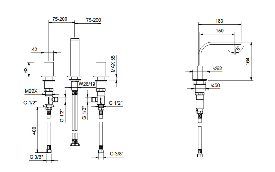 Смесители Смеситель для раковины на 3 отверстия - VENEZIA IN, хром 