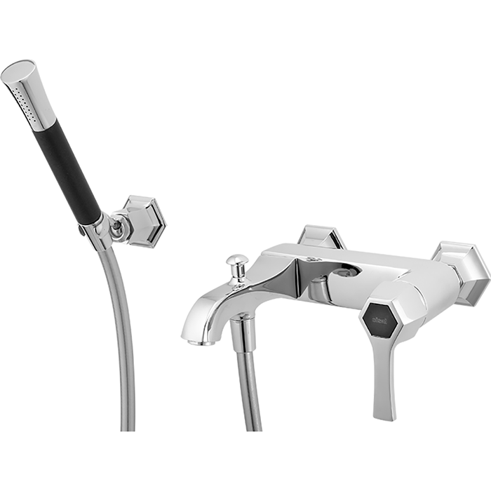 Смесители Смеситель настенный для ванны/душа с ручной лейкой, держателем и шлангом, цвет хром/черный матовый 