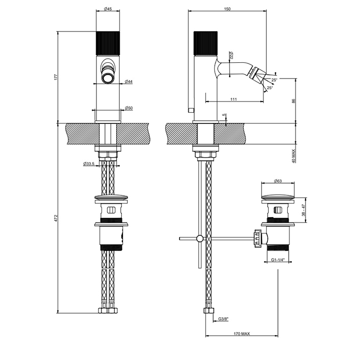 Смесители Rigato Смеситель для биде на 1 отв., с донным клапаном, цвет: Black Metal PVD 