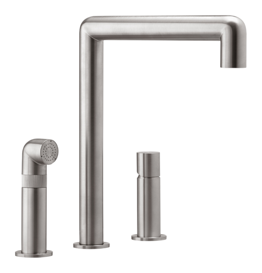 Смесители для кухни Смеситель для кухни Cartesio, на 3 отверстия, поворотный излив, вытяжной душ с переключателем, сталь, цвет сатинированная сталь 