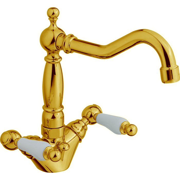 Смесители Смеситель для раковины на 1 отверстие, с донным клапаном, цвет золото/белый 