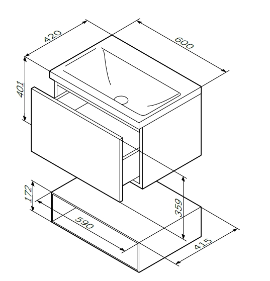 Мебель для ванной База под раковину, подвесная, 60 см, 1 ящик push-to-open, цвет: белый, глянец 