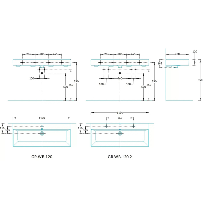 Раковины Раковина мебельная/подвесная 12048x16,5 см, с 1 отверстием под смеситель, с крепежом, с переливом, белая глянцевая 