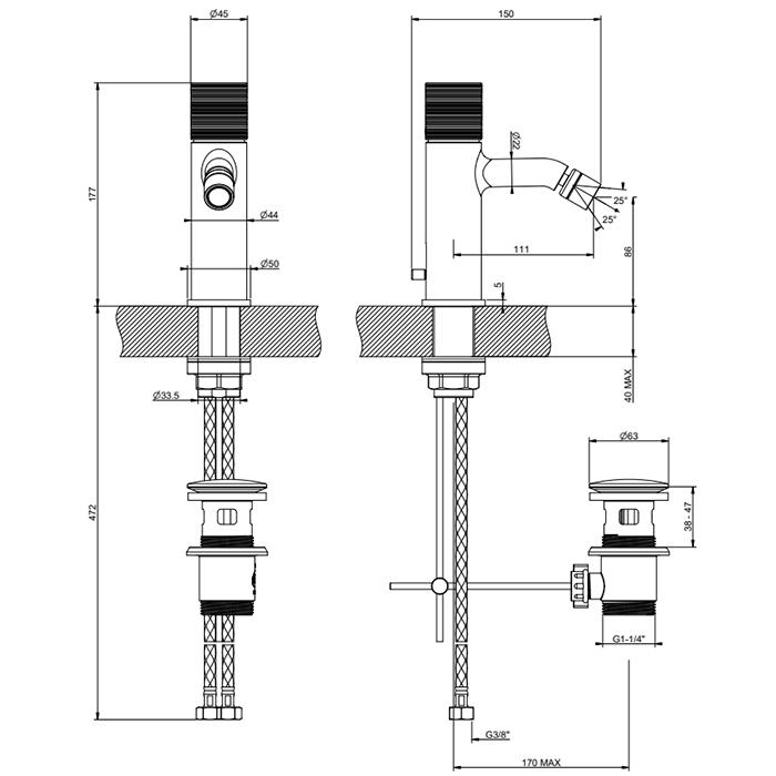 Смесители Trame Смеситель для биде, на 1 отв, с донным клапаном, цвет: Black Metal PVD 