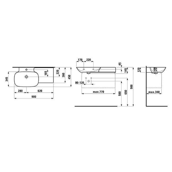 Раковины Laufen INO Раковина 900х450х120мм без отв. под смеситель, полка справа, цвет: белый 