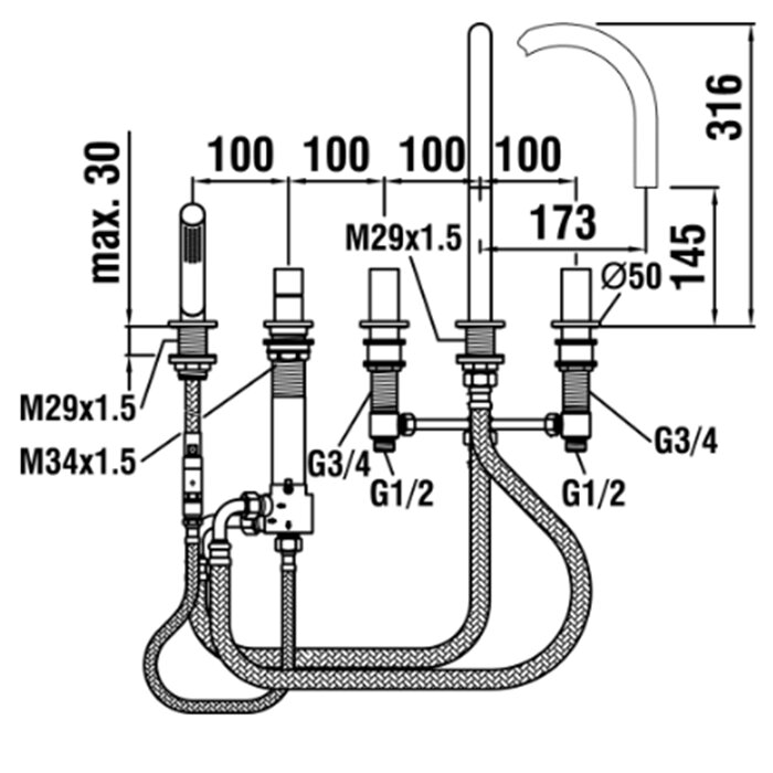 Смесители Смеситель на борт ванны, на 5 отв, с ручным душем, излив 173мм, цвет: хром 
