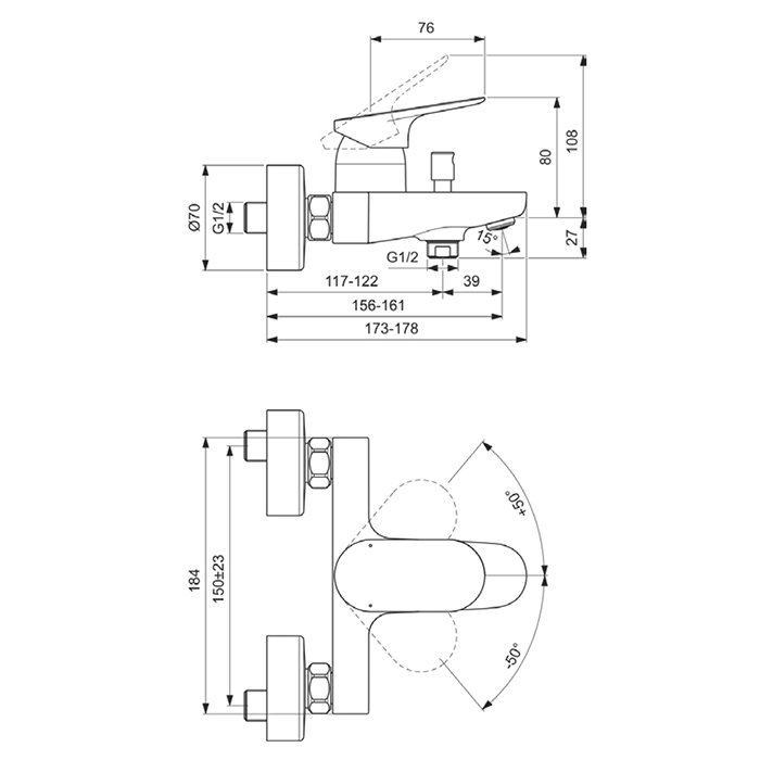 Смесители Настенный смеситель для ванны/душа, цвет хром 