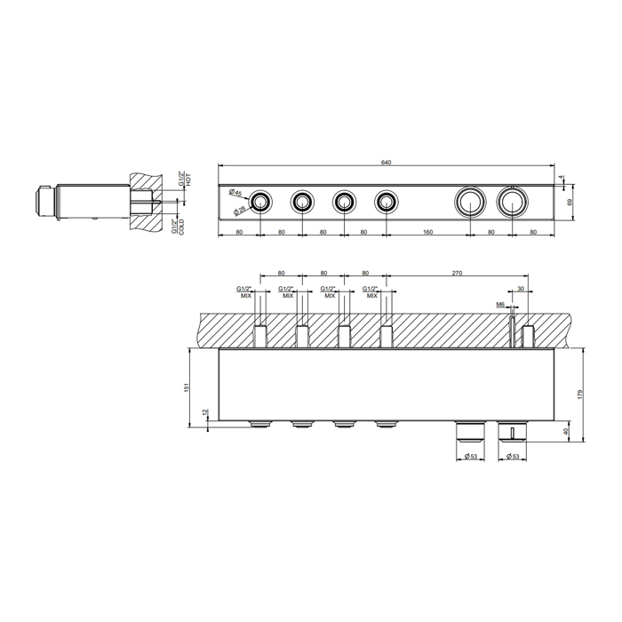 Смесители Смеситель для душа настенный встраиваемый, термостатический, с полкой, с 4 запорными кнопками, цвет Black XL 