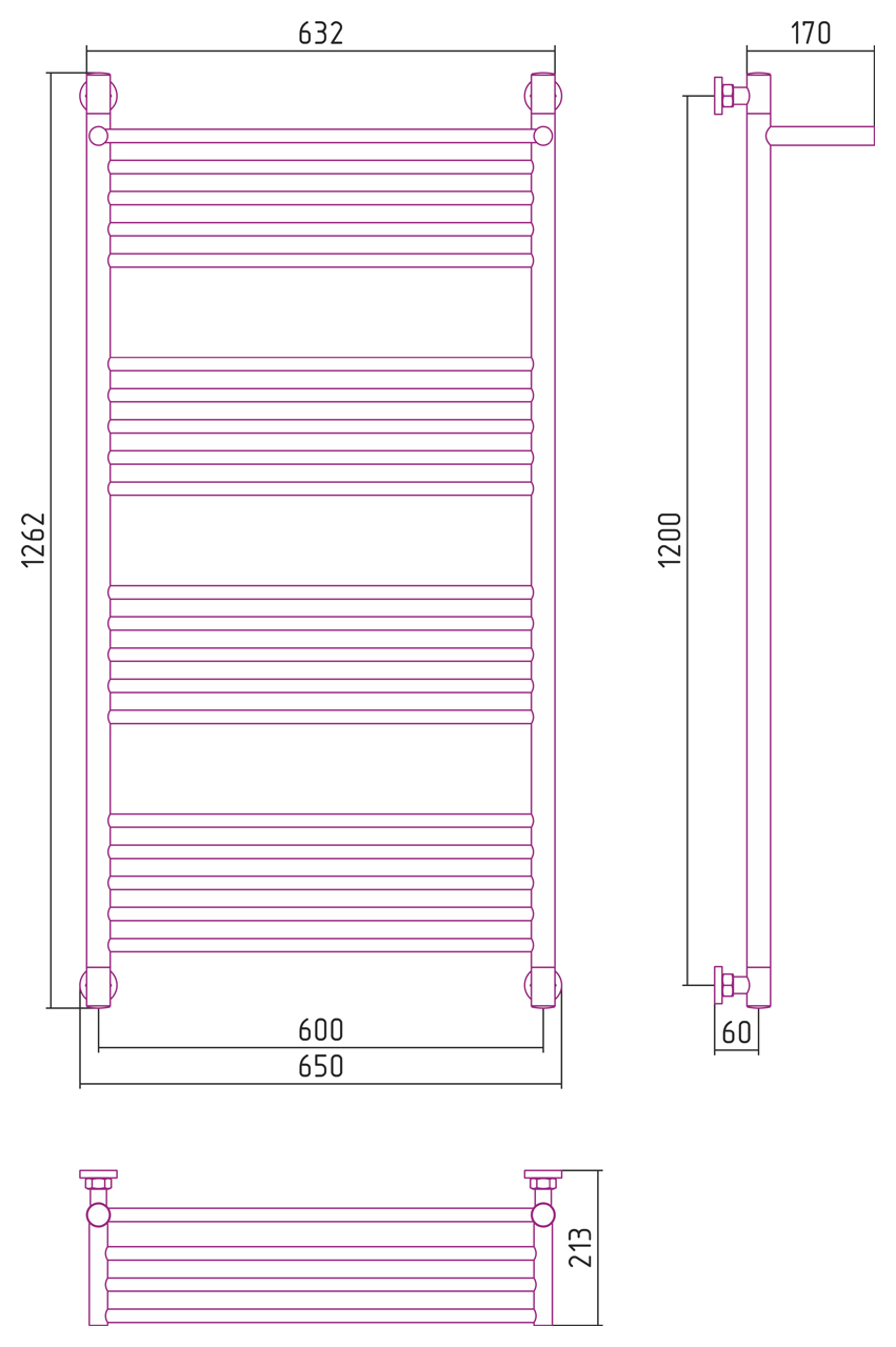 Полотенцесушители Дизайн-радиатор 1 полка 1200х600 