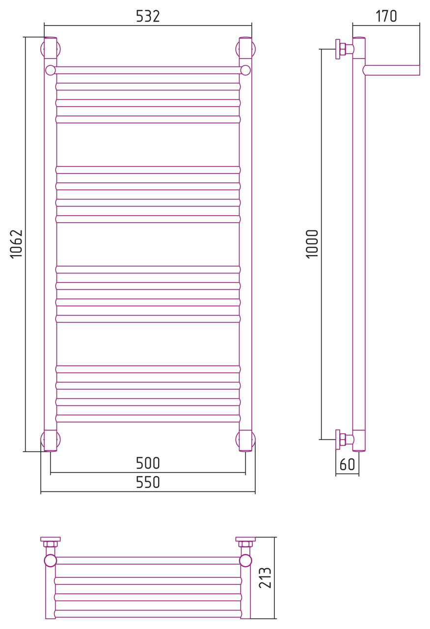 Полотенцесушители Дизайн-радиатор 1 полка 1000х500 
