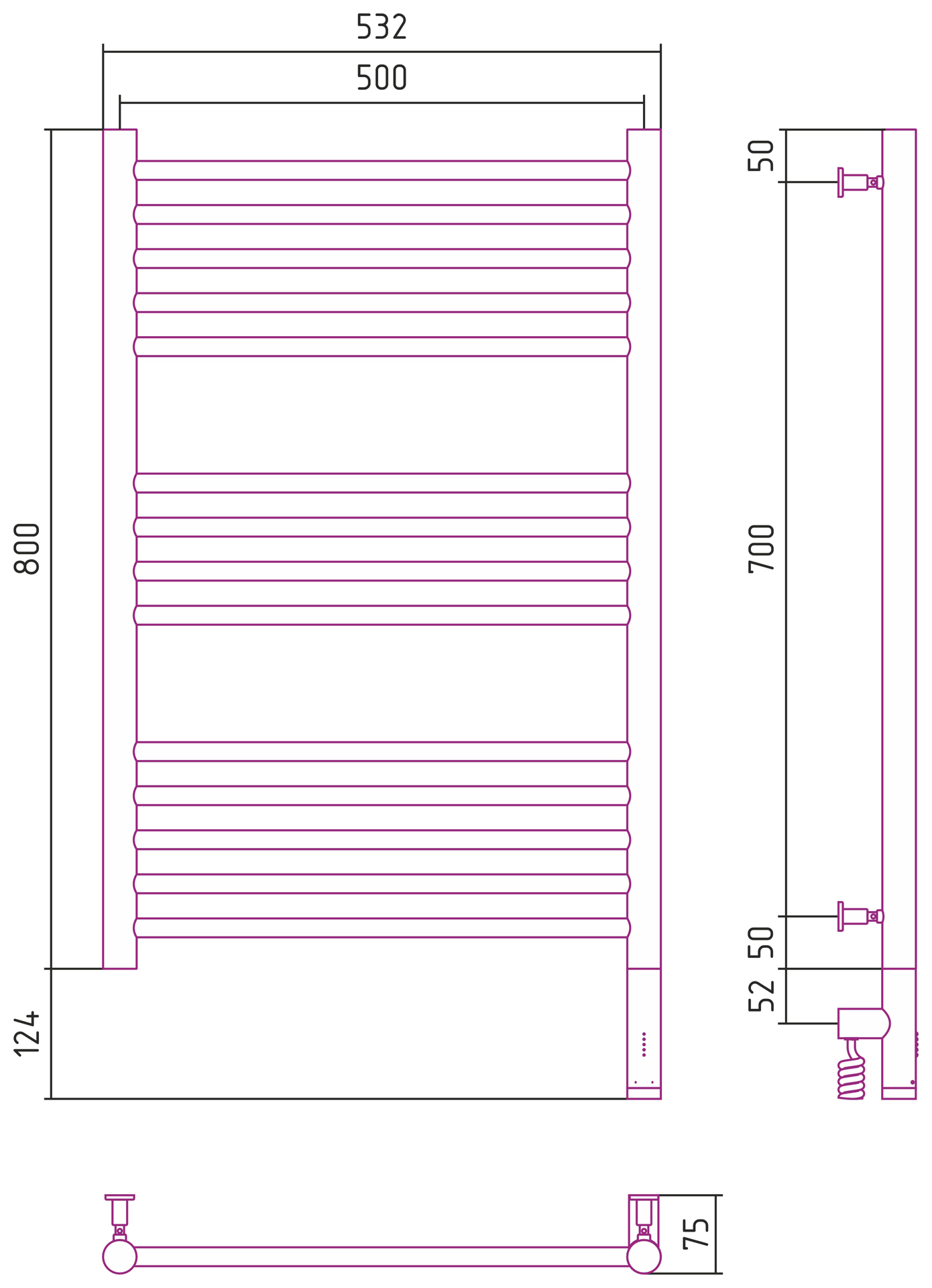 Полотенцесушители Радиатор электрический прямая 800х500 электрический модуль правый 