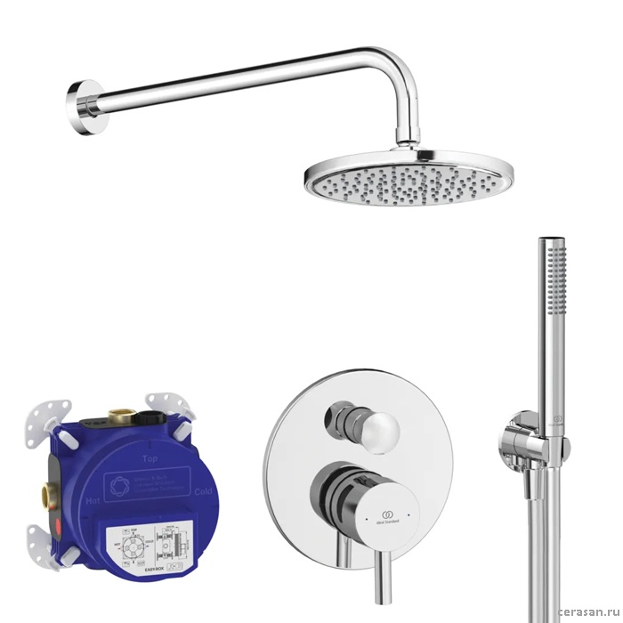 Душевой комплект: встроенная часть смесителя, наружная часть с переключателем, ручной душ, верхний душ: 200 мм, цвет хром