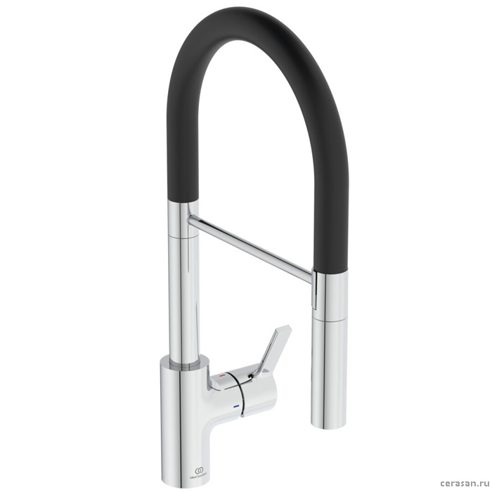 Смеситель для кухни высокий с выдвижным изливом, поворотный 360, чёрный шланг, 2 типа струи - переключение кнопка, цвет хром