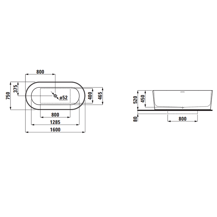 Ванны Ванна 1600x750x450мм, свободностоящая, с слив-переливом, материал: композит, цвет белый 