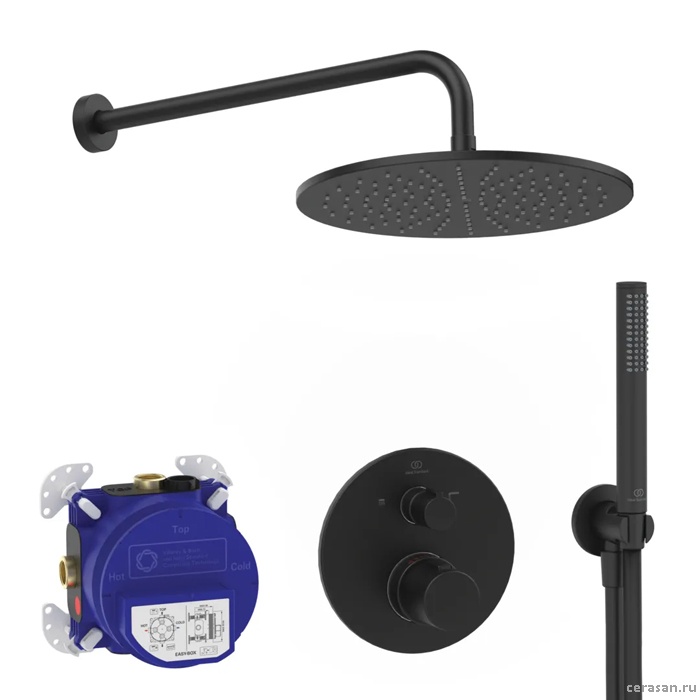 Душ комплект: встроенный термостат наружная часть с переключателем,  ручной душ, верхний душ 300 мм, цвет чёрный матовый