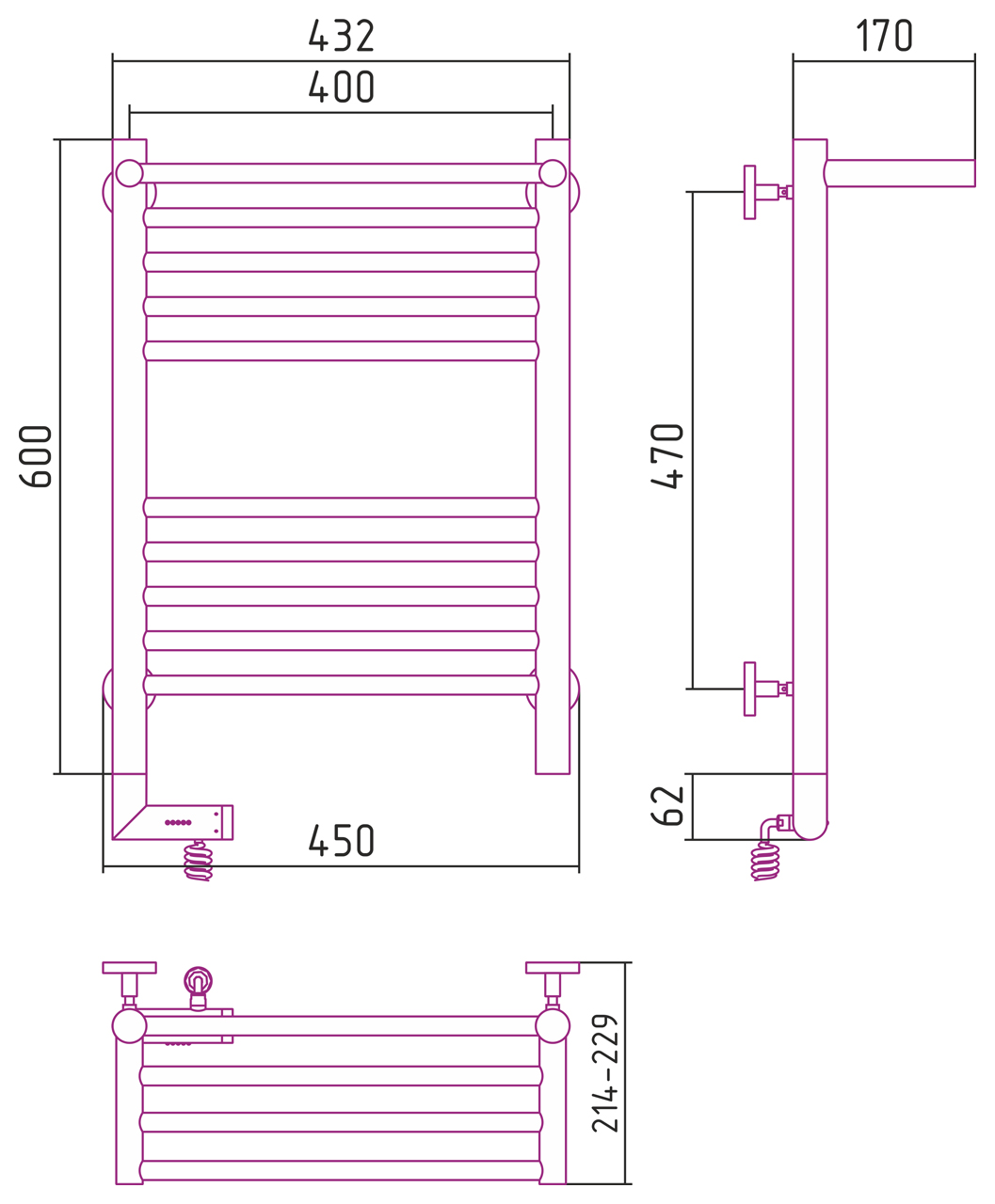 Полотенцесушители Полотенцесушитель электрический с одной полкой 600х400 / МЭМ левый (RAL 3015 Светло-розовый) 