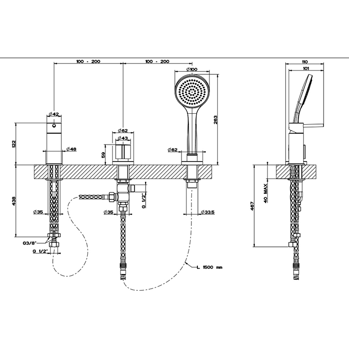 Смесители Смеситель для ванны на 3 отверстия наполнение через слив-перелив, лейка, цвет Chrome 